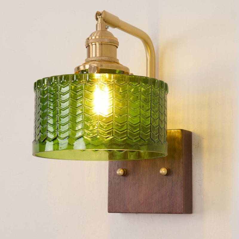 Vintage Ripple Glass Wooden Base Wall Sconce Bedside Lamp with Plug