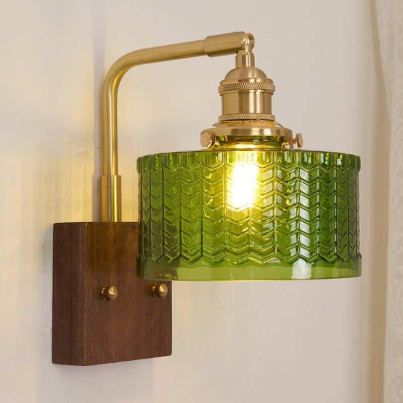 Vintage Ripple Glass Wooden Base Wall Sconce Bedside Lamp with Plug
