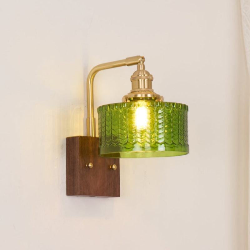 Vintage Ripple Glass Wooden Base Wall Sconce Bedside Lamp with Plug
