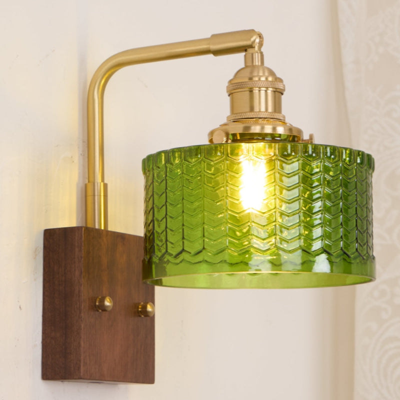 Vintage Ripple Glass Wooden Base Wall Sconce Bedside Lamp with Plug
