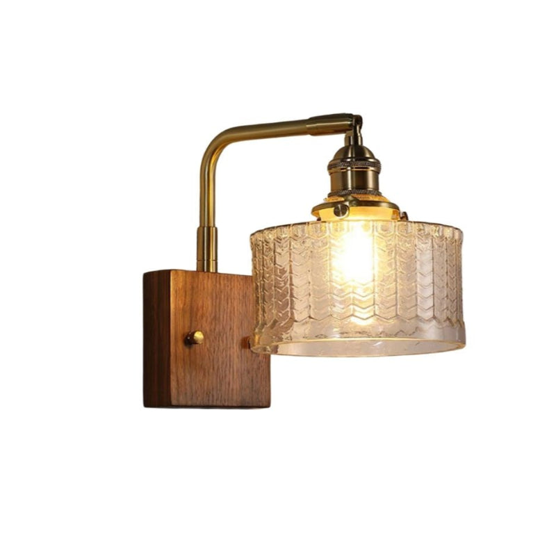 Vintage Ripple Glass Wooden Base Wall Sconce Bedside Lamp with Plug