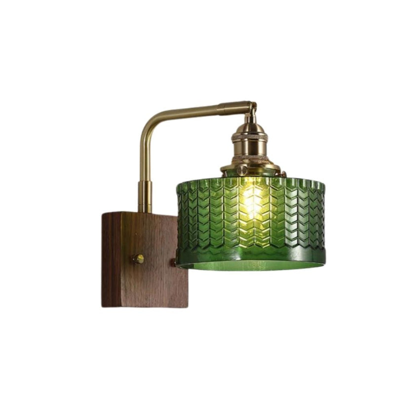 Vintage Ripple Glass Wooden Base Wall Sconce Bedside Lamp with Plug