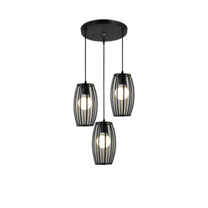 Striped Iron Drum Industrial Black Pendant Light